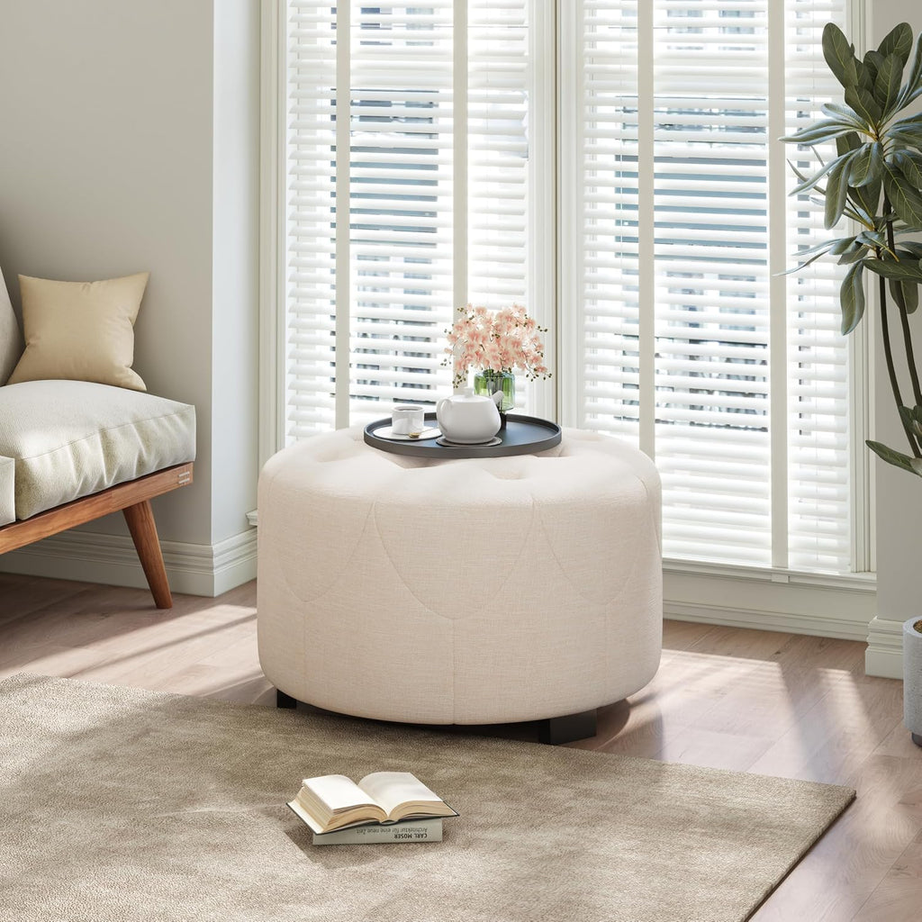 Christopher Knight Home York Linen Fabric Upholstered Ottoman, Wooden Round Ottoman Coffee Table, Modern Living Room Ottoman Foot Stool, Extra Seat Sofa Footrest, Beige