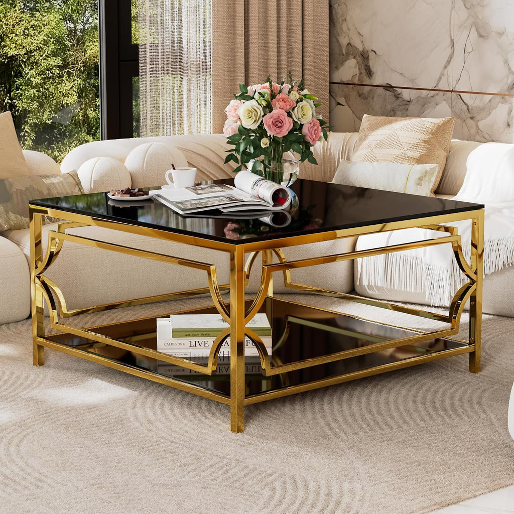 33.5' Square Black Glass Coffee Table with Storage, Modern 2-Tier Tempered Glass Accent Coffee Table with Metal Frame for Living Room, Minimalist Gold Cocktail Center Table for Office, Apartment