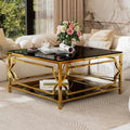 33.5' Square Black Glass Coffee Table with Storage, Modern 2-Tier Tempered Glass Accent Coffee Table with Metal Frame for Living Room, Minimalist Gold Cocktail Center Table for Office, Apartment