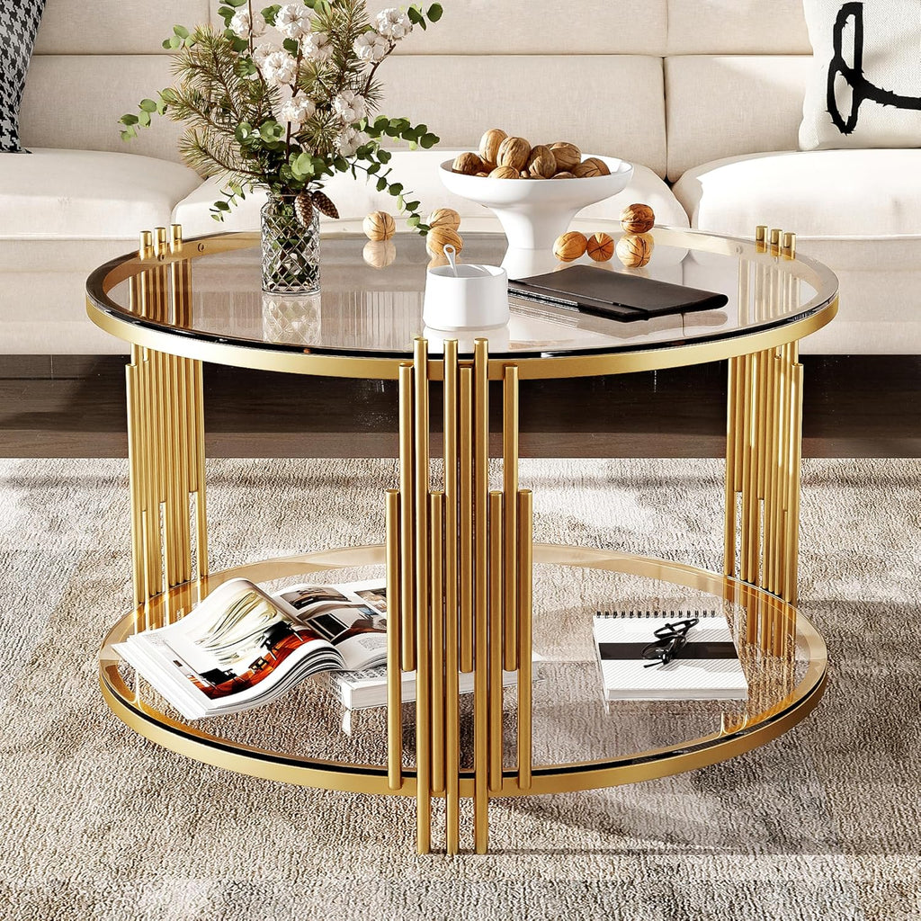 Round Glass Coffee Tables for Living Room, 2-Tier Circle Coffee Table with Metal Drum Base, 31.5' Modern Center Accent Table for Small Space, Bedroom