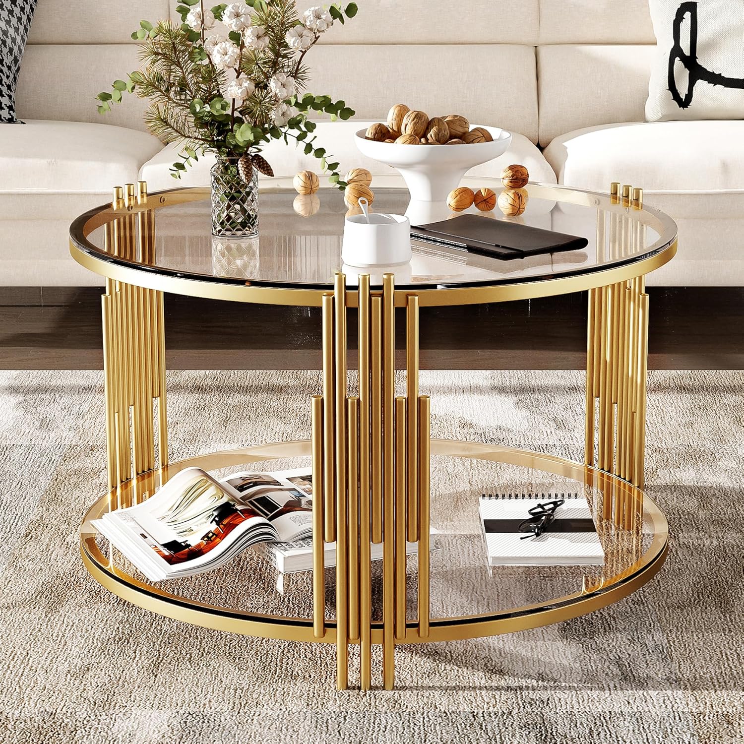 Round Glass Coffee Tables for Living Room, 2-Tier Circle Coffee Table with Metal Drum Base, 31.5' Modern Center Accent Table for Small Space, Bedroom