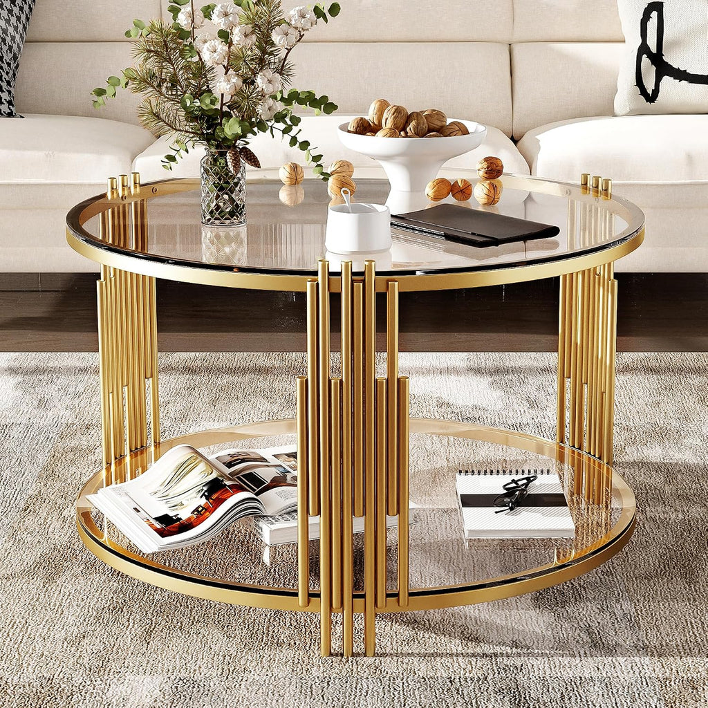Circle Coffee Table, Tempered Glass Center Table with Asymmetrical Gold Frame and Storage Shelf, for Living Room Home Office Decor, Transparent