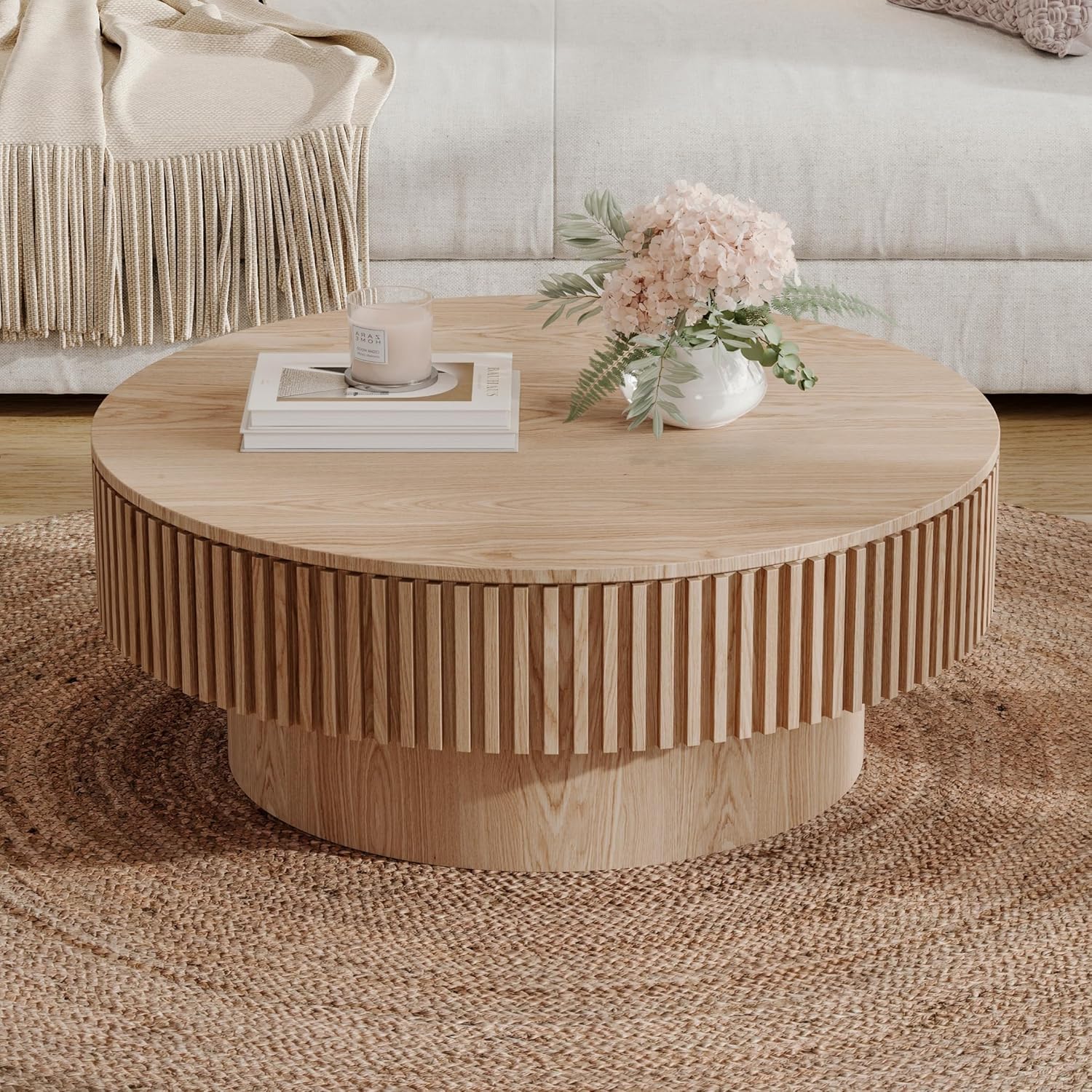 Oak Round Coffee Table with Storage for Living Room Wood Coffee Table Contemporary Circle Center Table for Apartment, Easy Assembly ø39.4