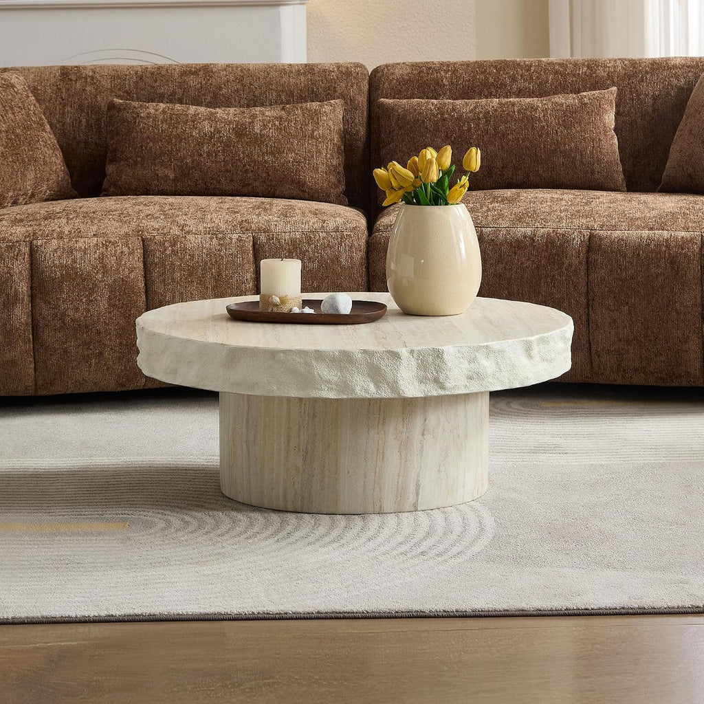 Set of 2 Round Coffee Tables for Living Room, 31.7' W x 13' H Faux Mars Circle Drum Pattern Modern Minimalist 23.82' W x16.93 Side Tables Accent End Table for Apartment, Office, Beige