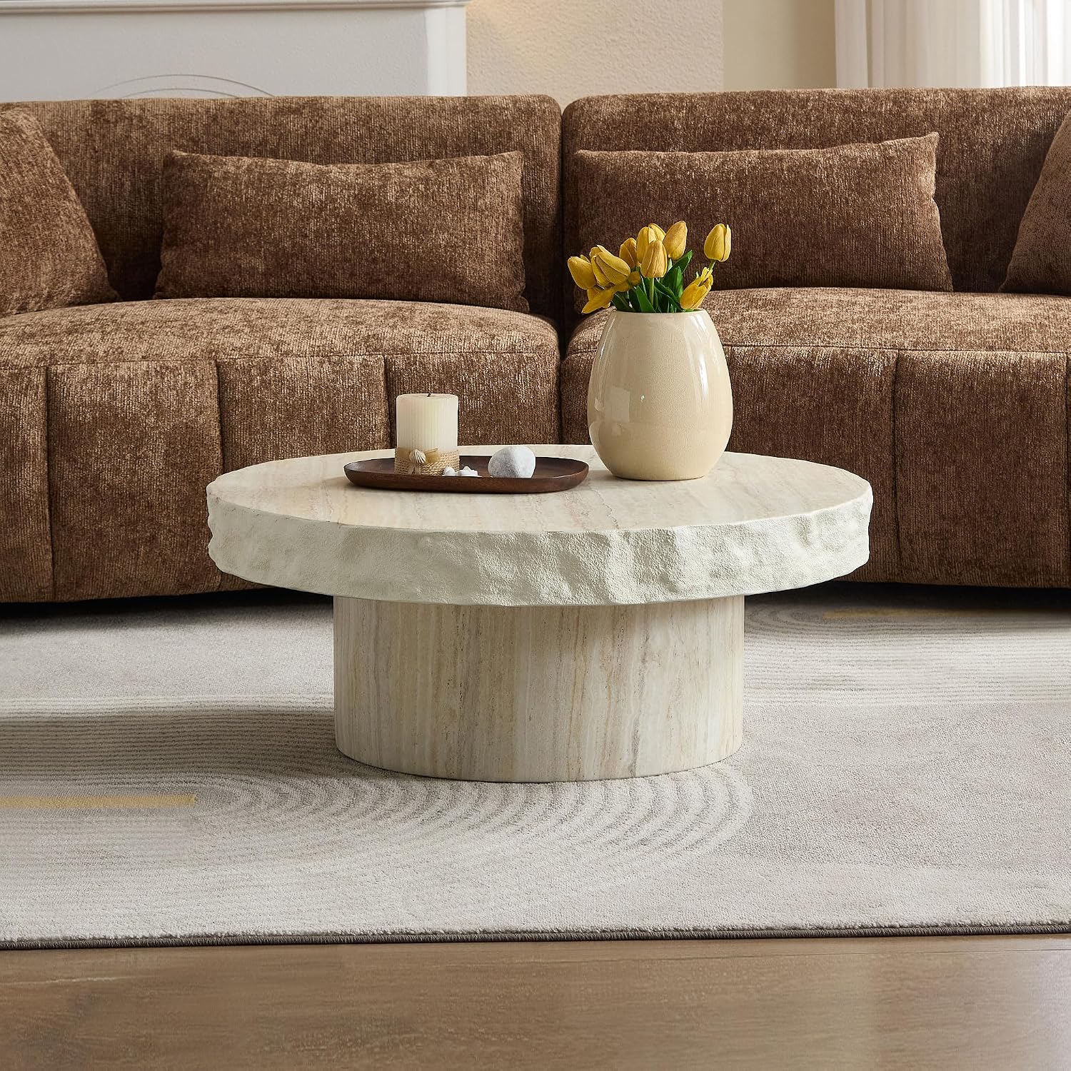 Set of 2 Round Coffee Tables for Living Room, 31.7' W x 13' H Faux Mars Circle Drum Pattern Modern Minimalist 23.82' W x16.93 Side Tables Accent End Table for Apartment, Office, Beige