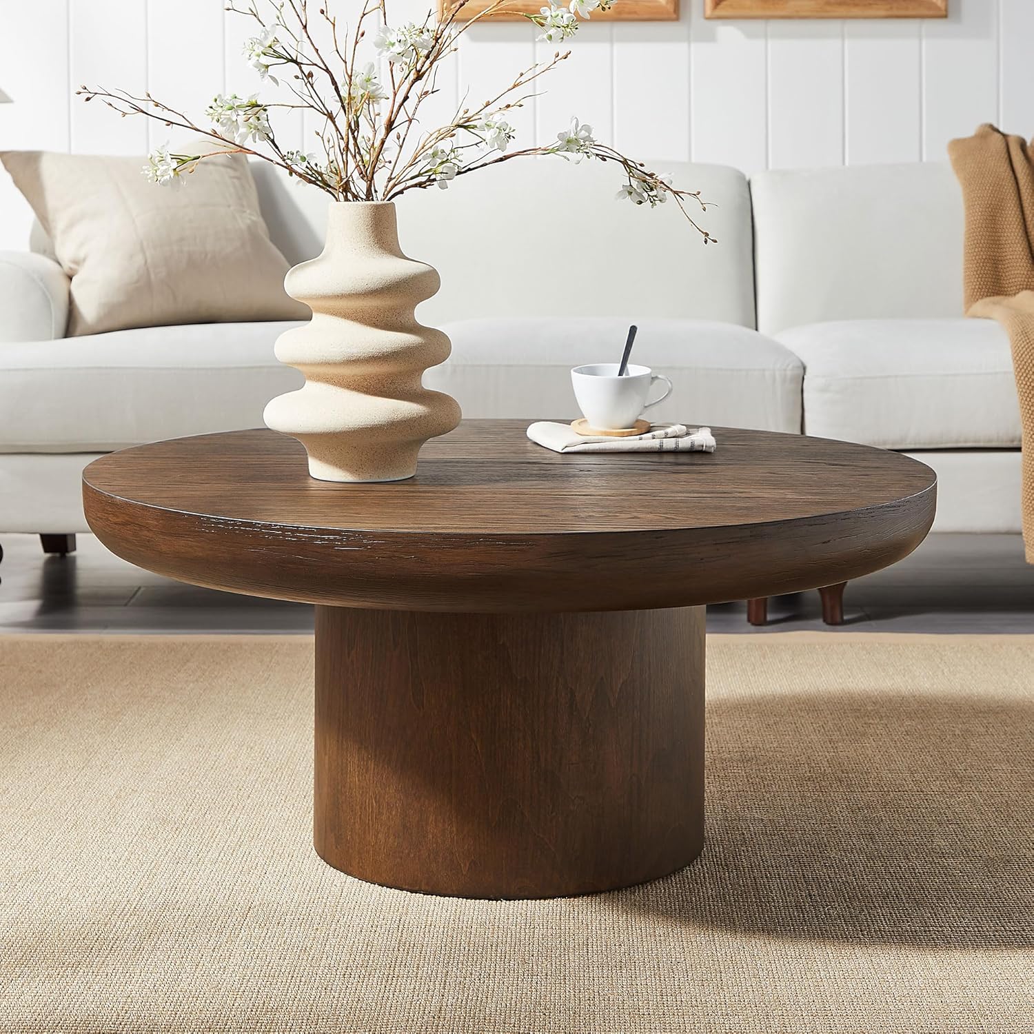 35.98'' Round Wood Coffee Table for Living Room Mushroom Coffee Table Mid Century Modern Center Table with Pedestal Farmhouse Rustic Tea Table for Apartment Office，Brown