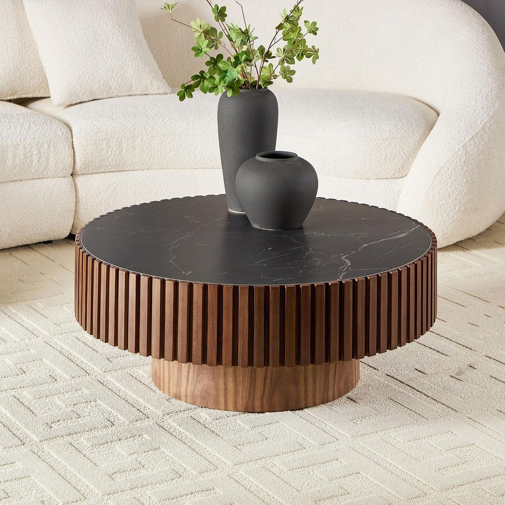 WILLIAMSPACE 35.43' Round Coffee Table with Sintered Stone Tabletop, Modern Farmhouse Wood Circle Drum Center Table for Living Room, Accent Side End Table for Apartment, 13.77' H (Walnut+Black)