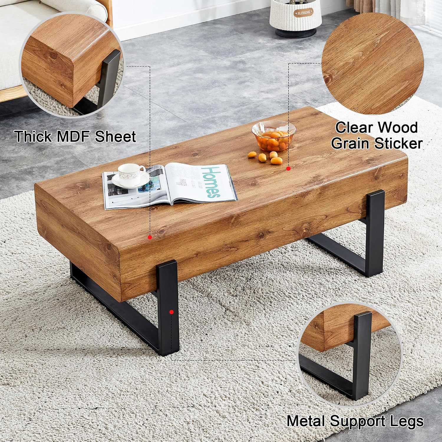 47.24'' Rustic Rectangle Coffee Table MDF Desktop with Metal Legs for Living Room Dining Room Bedroom Office