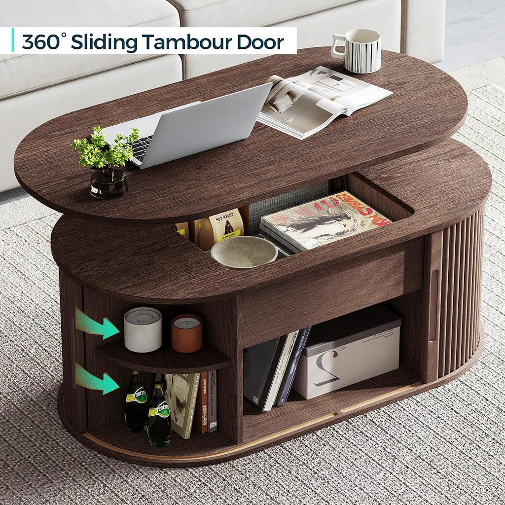 LINSY Lift Top Coffee Table, Oval Fluted Coffee Table with Storage, Mid Century Modern Wooden Coffee Tables with Sliding Tambour Door, 39' Center Table for Living Room, Office, Small Space, Walnut