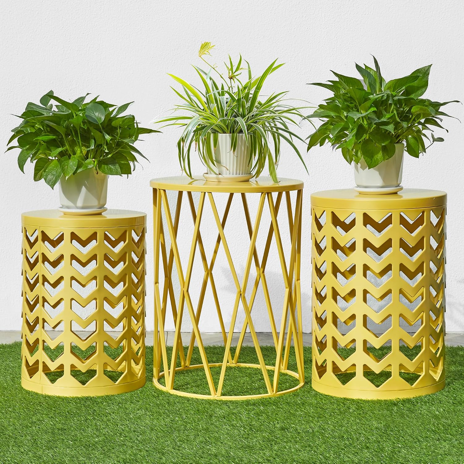 Nesting Side Table Set of 3 Decorative Round Garden Stools for Indoor Outdoor Heavy Duty Metal Frame Side Table Nightstands Modern End Table Plant Stand, Yellow