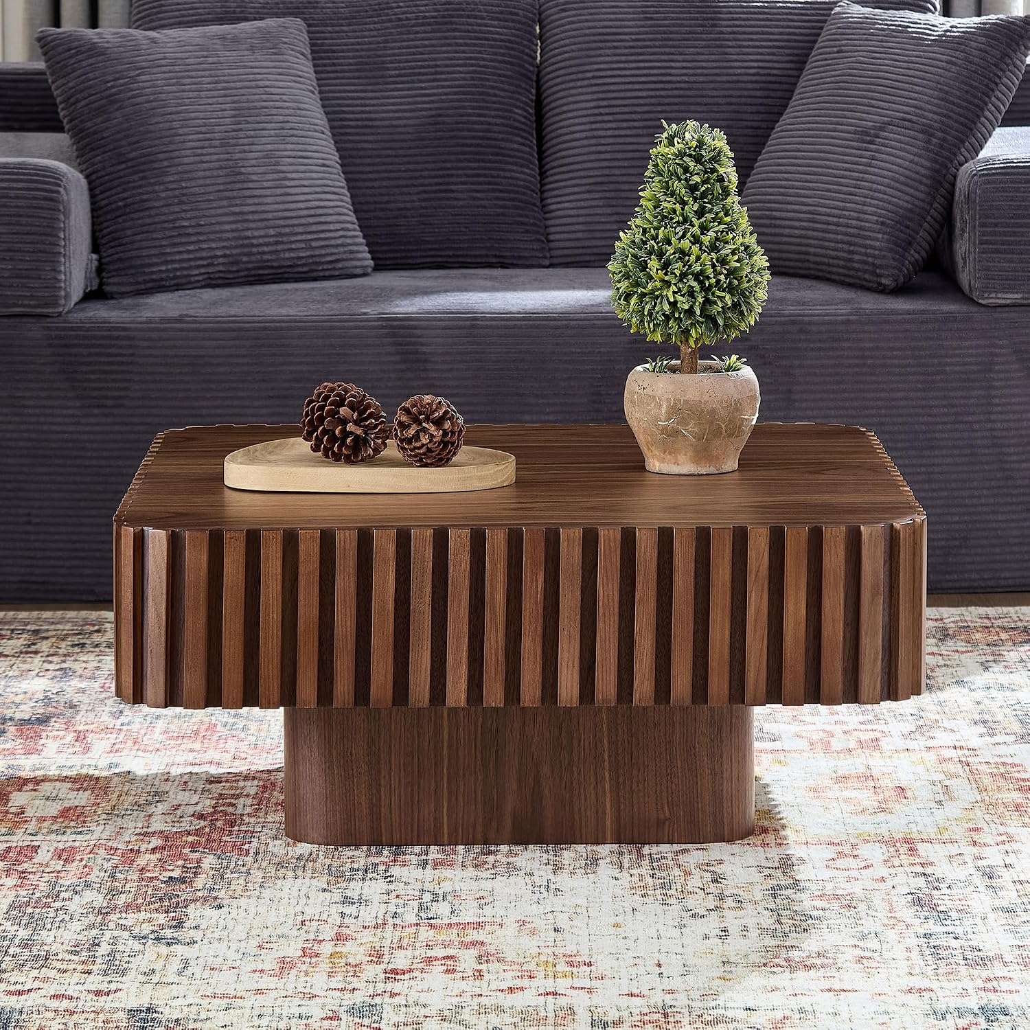 WILLIAMSPACE 35.43' Square Coffee Table with Sturdy Base, Modern Luxury Wood Drum Center Table Accent End Side Table for Living Room, Minimalist Fluted Design, Walnut