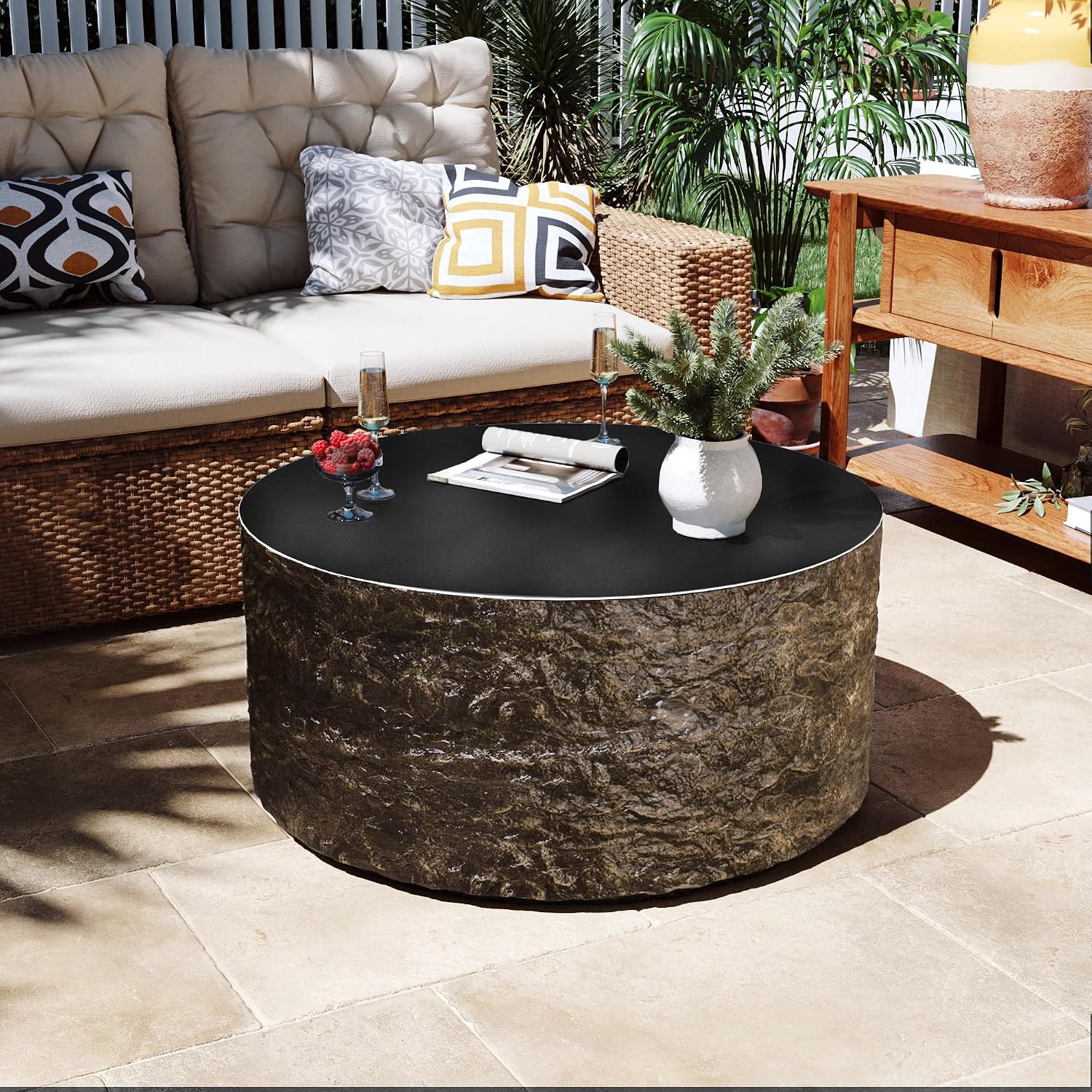 Patio Watcher 28' Modern Round Coffee Table, Light Concrete Textured Center Table for Living Room, Stone Accent Coffee Tea Table for Apartment, 28'×28'×13', No Assembly, Bronze