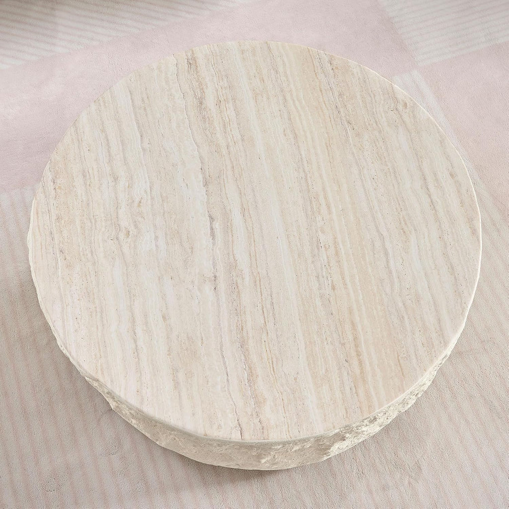Faux Rock Coffee Table with Round White Design,Drum Coffee Table Fiberglass Circle Tea Table for Living Room Accent Central Table No Need Assembly