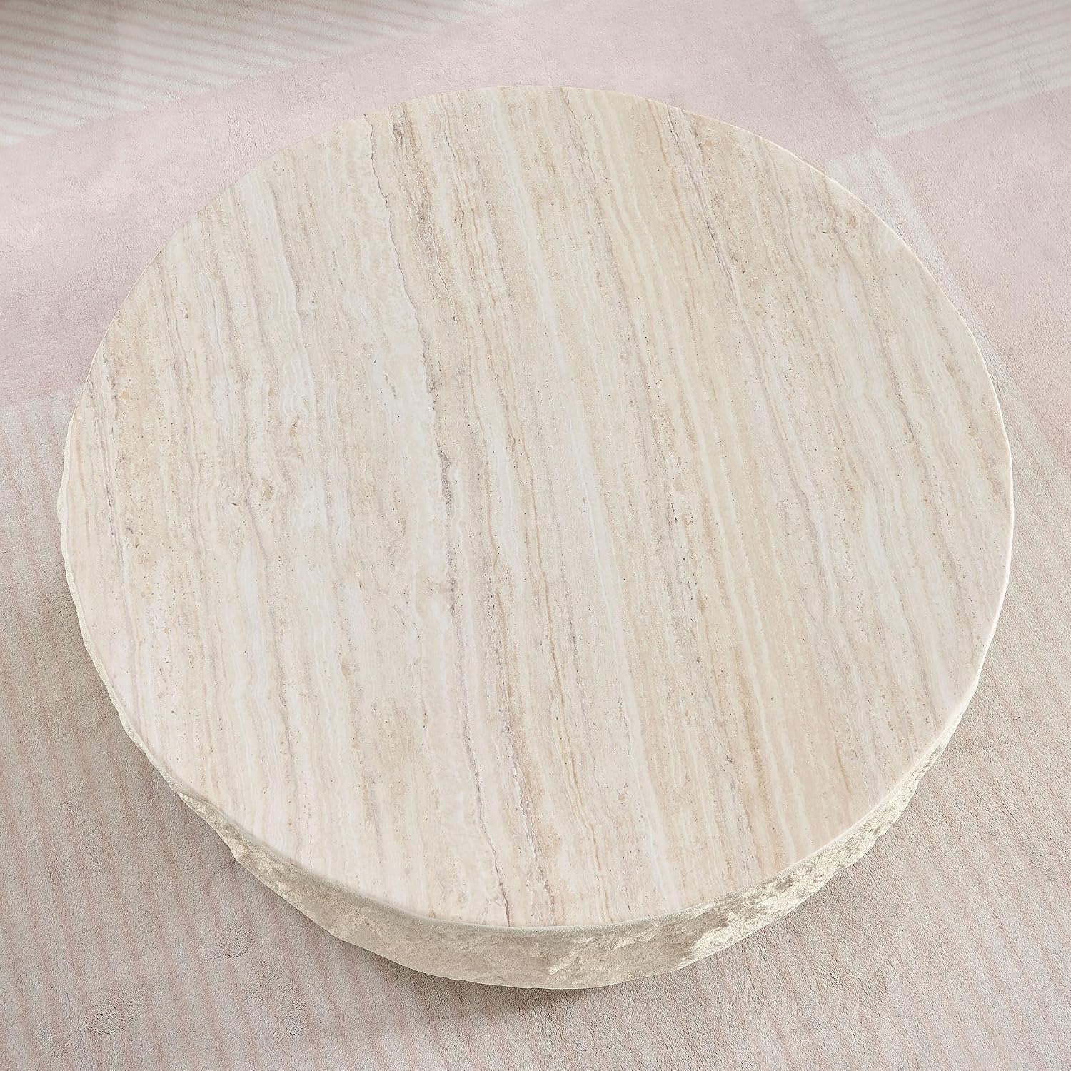 Faux Rock Coffee Table with Round White Design,Drum Coffee Table Fiberglass Circle Tea Table for Living Room Accent Central Table No Need Assembly