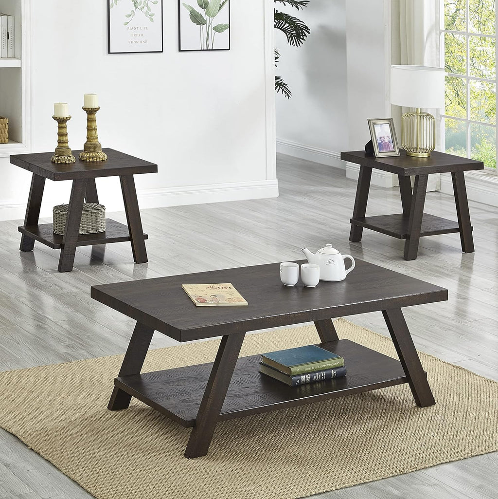 3-Piece Living Room Table Set, Coffee Table& Two End Tables, Side Table with Wood Storage Shelf for Living Room, Bedroom (Espresso, 48' L x 24' W x 19' H)