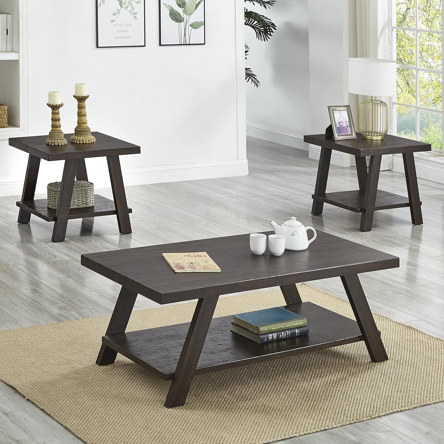 3-Piece Living Room Table Set, Coffee Table& Two End Tables, Side Table with Wood Storage Shelf for Living Room, Bedroom (Espresso, 48' L x 24' W x 19' H)