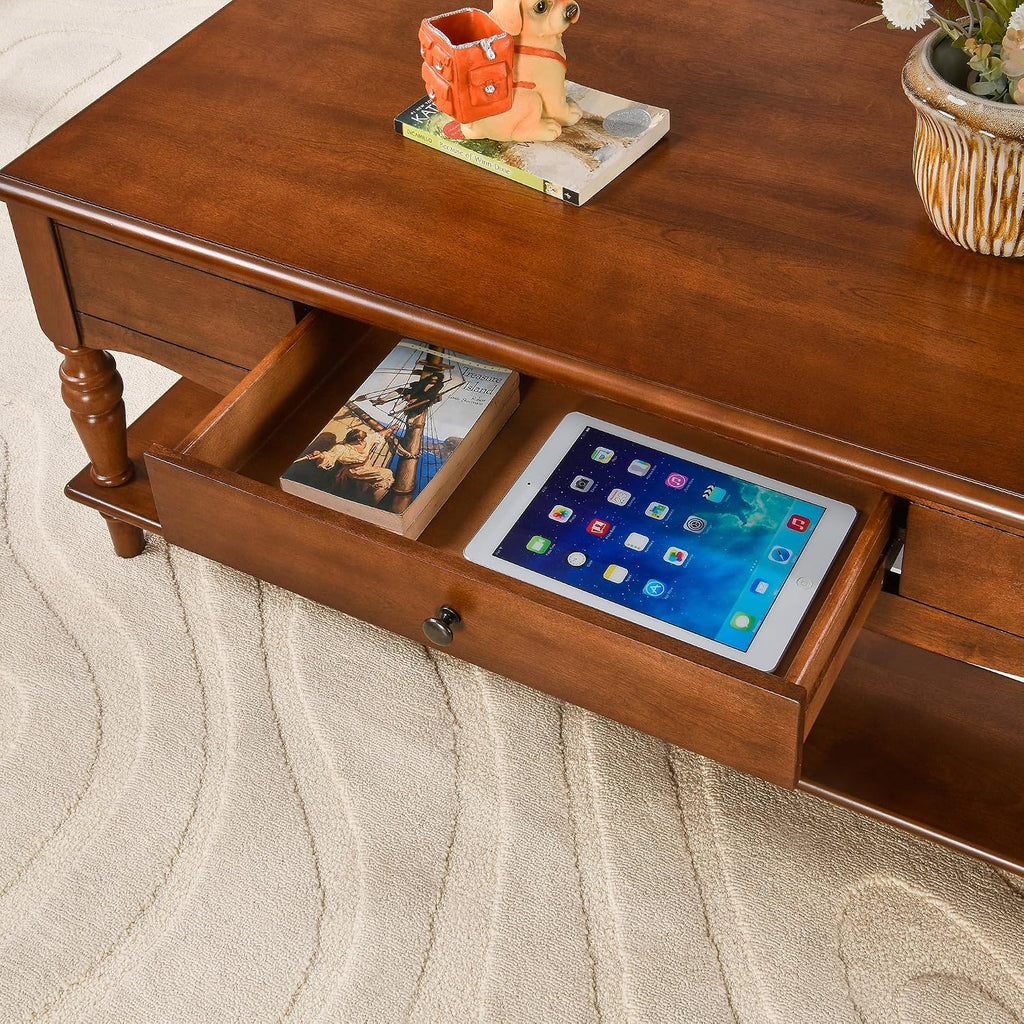 Rectangular Coffee Table with 2 Storage Drawers, Mid-century Solid Wood Living Room Table with Carved Leg, Elegant Vintage Center Table, No-Tools Assembly, 43.3'L x 23.6'W x 18'H Caramel Brown KFZC008