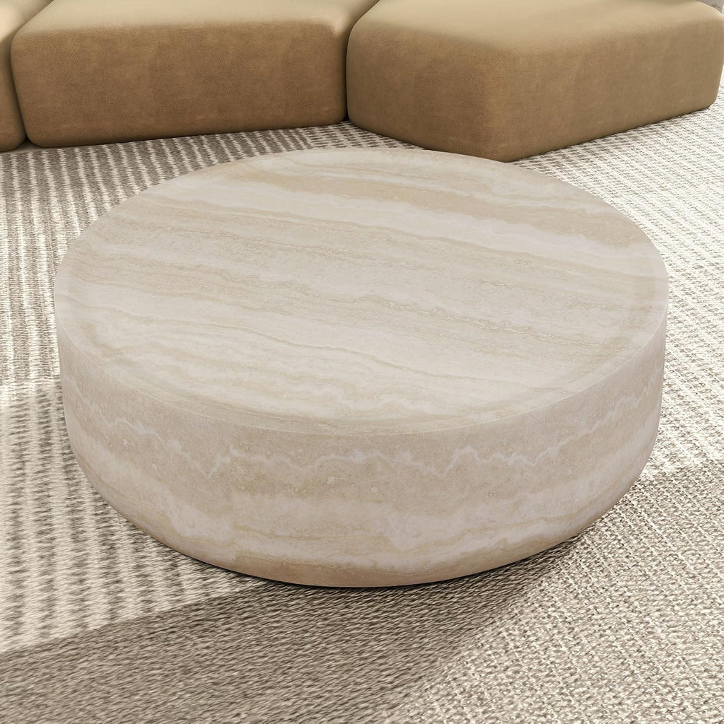 KEIKI 35' Round Fiberglass Coffee Table with Faux Mars Pattern, Modern Style Circle Coffee Table with Faux Travertine Textured, No Assembly Required, for Living Room, Bedroom, Reception Room, Marble