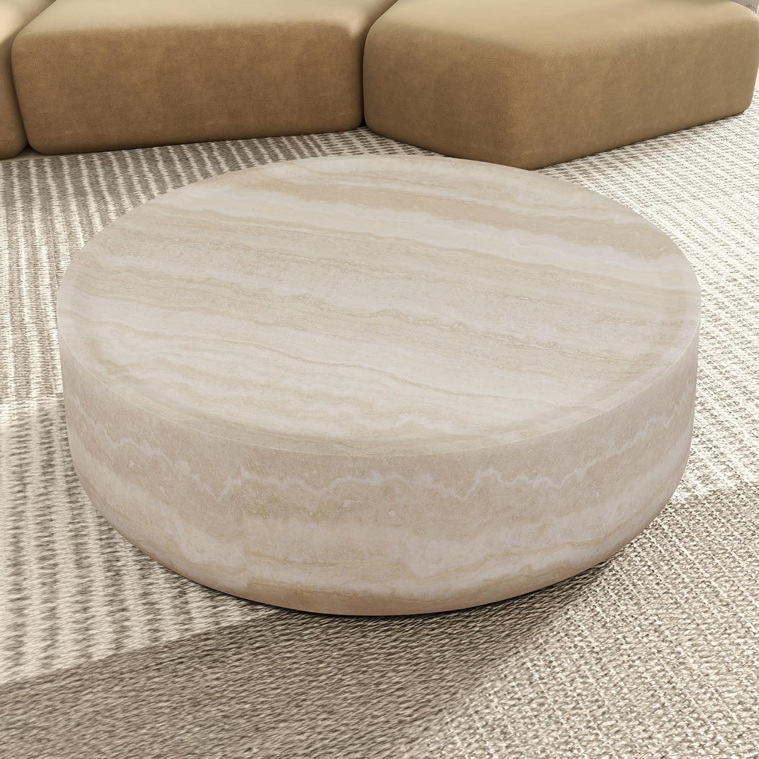 KEIKI 35' Round Fiberglass Coffee Table with Faux Mars Pattern, Modern Style Circle Coffee Table with Faux Travertine Textured, No Assembly Required, for Living Room, Bedroom, Reception Room, Marble