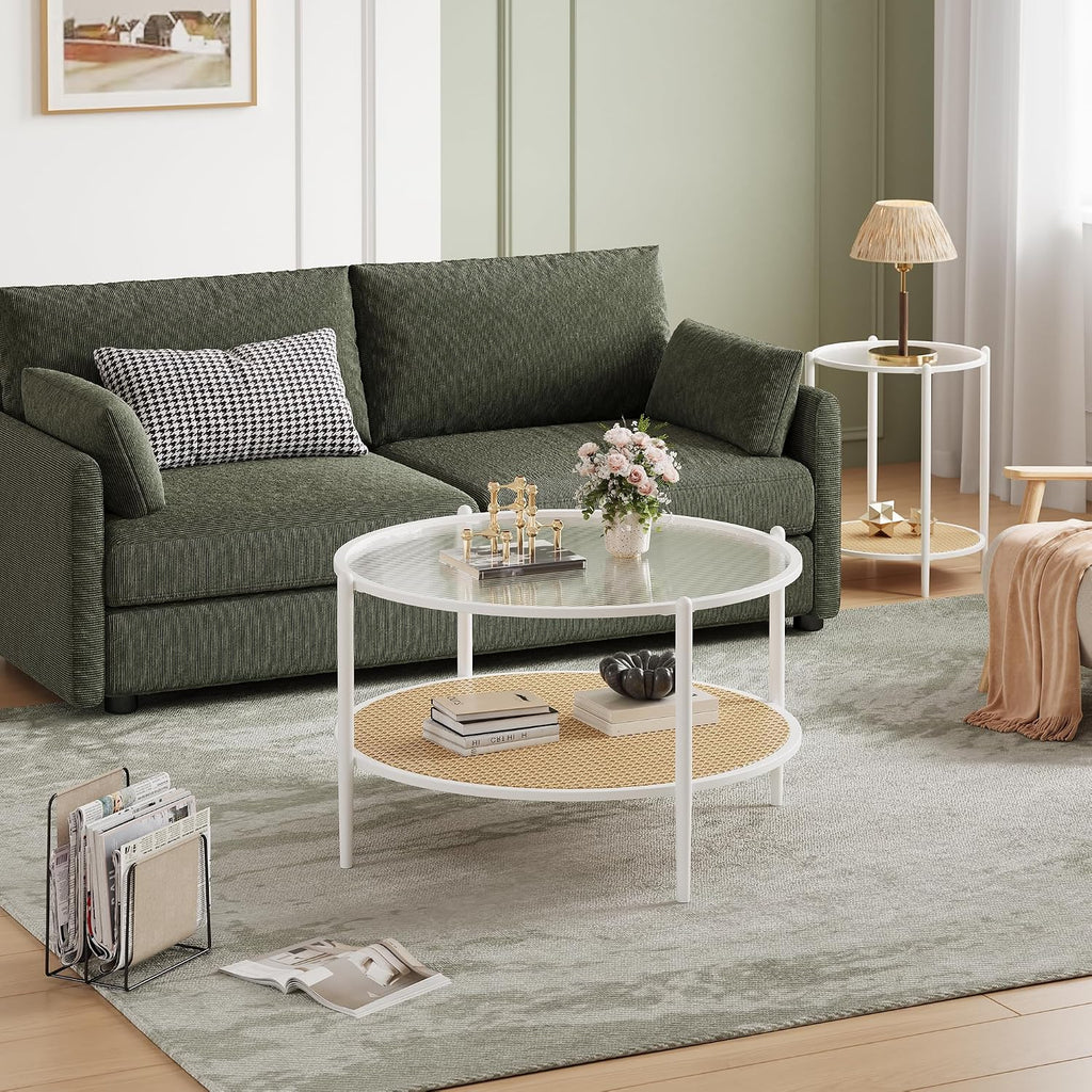30' Round Rattan Coffee Table, 2-Tier White Gold Glass Storage Center Table for Living Room, Modern Circle Small Round Coffee Table with Tempered Water-Wave Glass Top & Metal Frame for Bedroom, Office