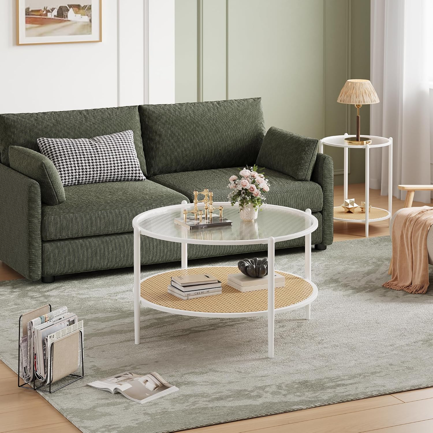 30' Round Rattan Coffee Table, 2-Tier White Gold Glass Storage Center Table for Living Room, Modern Circle Small Round Coffee Table with Tempered Water-Wave Glass Top & Metal Frame for Bedroom, Office