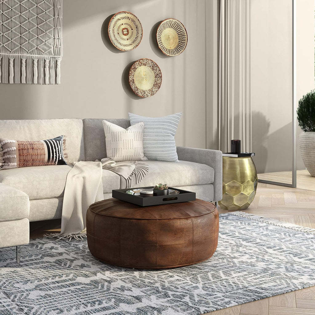 SIMPLIHOME Connor Coffee Table Pouf - 34 inch Wide Round Upholstered Genuine Leather Ottoman in Distressed Brown, Boho-Style Footrest, Extra Seating, or Coffee Table for Living Room, Assembled