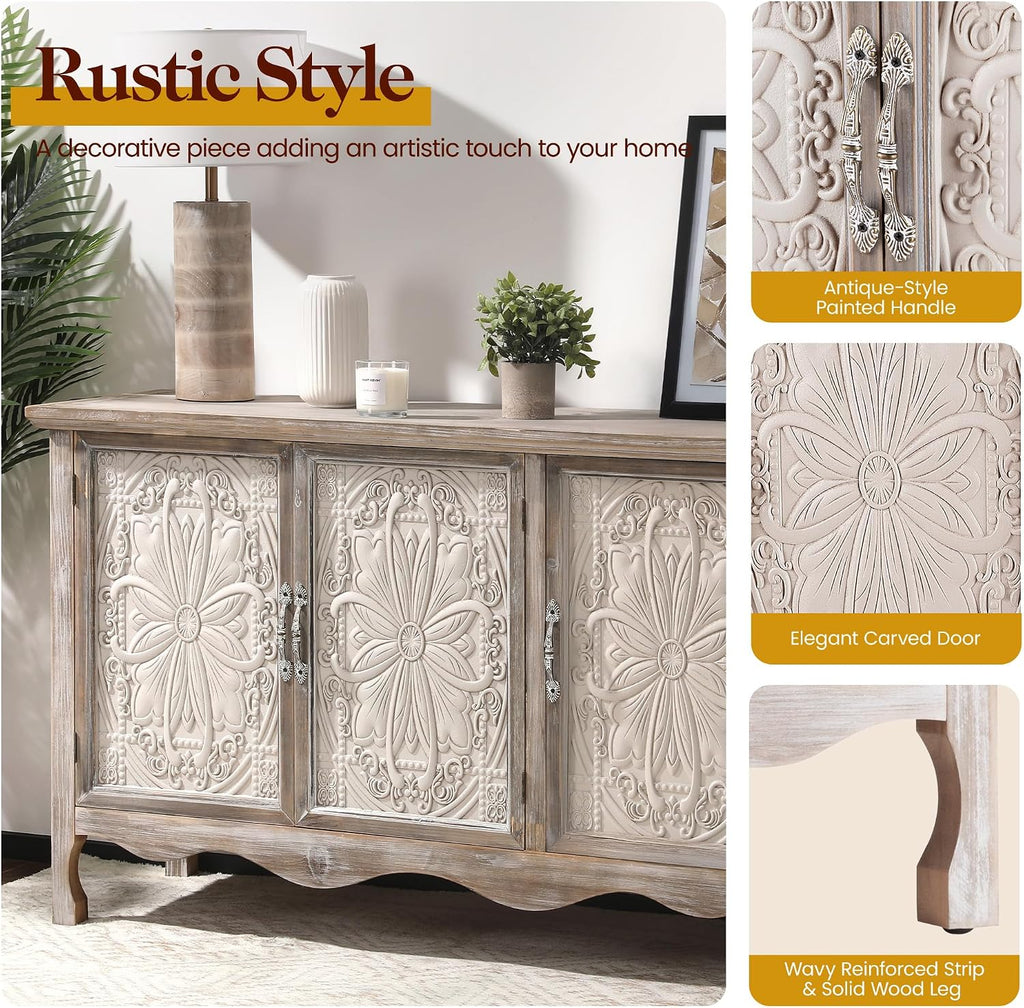 RoyalCraft Farmhouse Sideboard Buffet Cabinet with Storage, 49' Solid Wood Credenza Buffet Table Coffee Bar Wine Bar Storage Cabinet with 3 Doors for Dining Room Living Room Hallway, (Provence Gray)