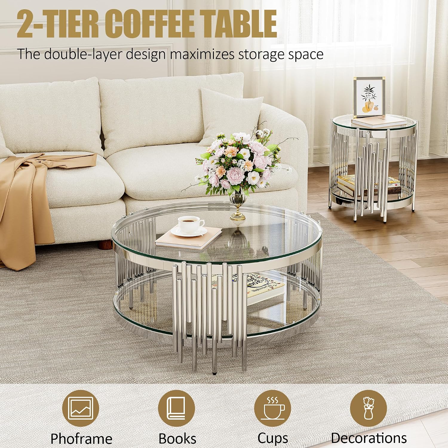 Round Glass Coffee Table Set of 2, 2-Tier Modern Living Room Table and End Table, Clear Tempered Glass Tabletop with Silver Mirrored Stainless Steel Table Base, for Living Room, Office, Bedroom