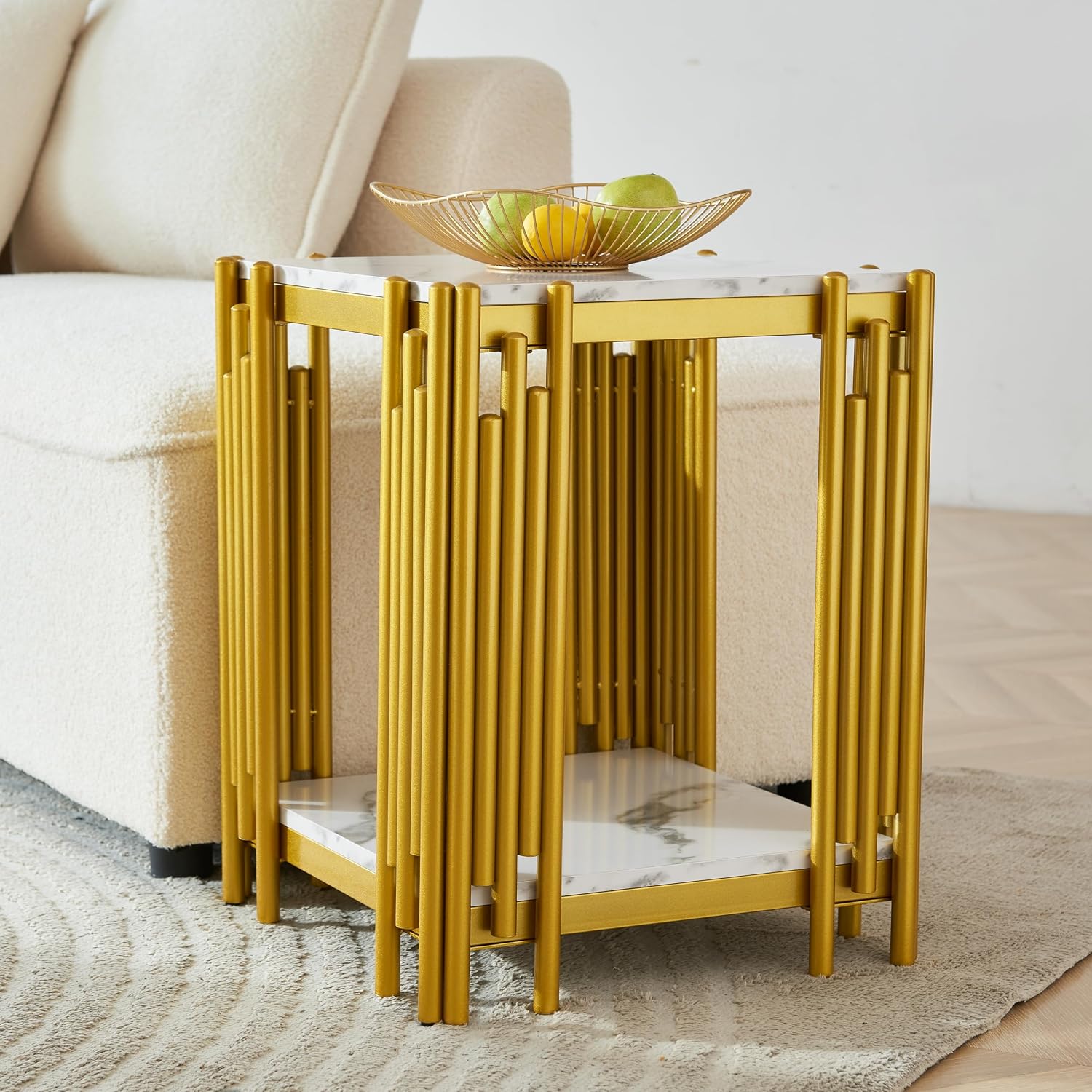 Elegant Faux Marble Coffee Table Set - Modern White Faux Marble Console, End Table Set with Gold Metal Frame