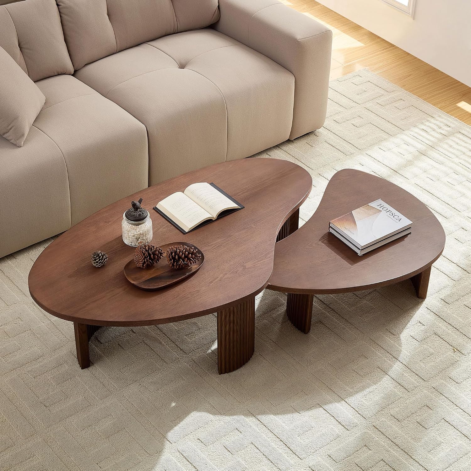Nesting Coffee Table Set of 2, Modern Irregular Nesting Tables Wooden Center Circle Accent Tea End Side with Fluted Legs for Living Room, Apartment, Office 49.41' W Walnut
