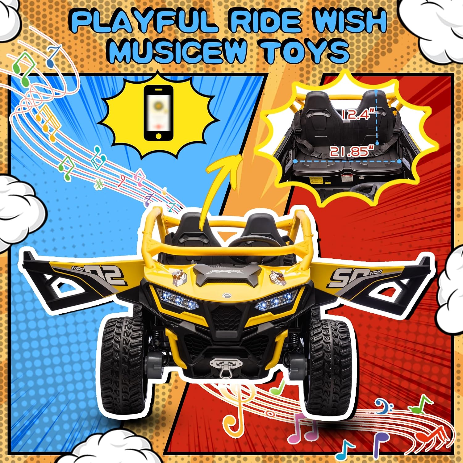 wanan XL 24V 10AH Ride on Toys for Big Kids Real 2-Seater, 4x4 4WD Motor Ride on Car Kid UTV for Kids 3-8, Remote Control, Bluetooth Music, 4 Spring Suspension, 22' Spacious Seats (Yellow)