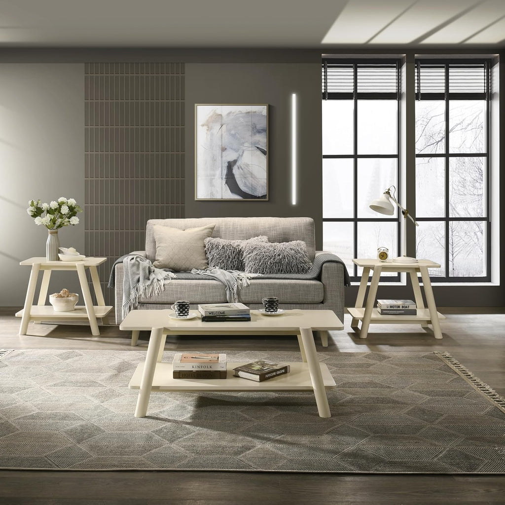 Roundhill Furniture Metz 3-Piece Coffee Table Set, Coffee Table and Two End Tables, Off-White Finish