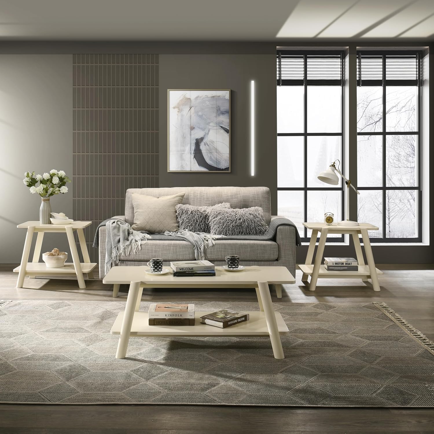 Roundhill Furniture Metz 3-Piece Coffee Table Set, Coffee Table and Two End Tables, Off-White Finish