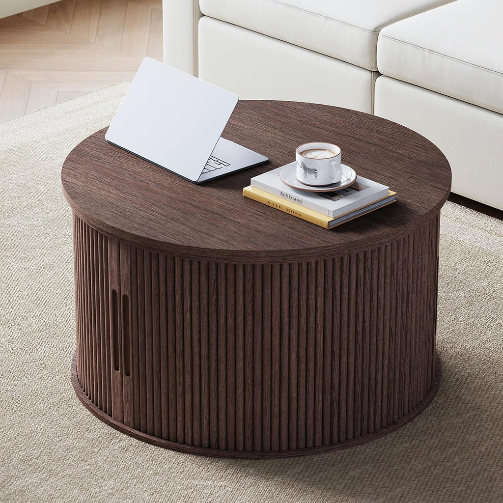 LINSY Lift Top Coffee Table, Round Fluted Coffee Table with Storage, Mid Century Modern Wooden Coffee Tables with Sliding Tambour Door, 31.5' Center Table for Living Room, Office, Small Space, Walnut
