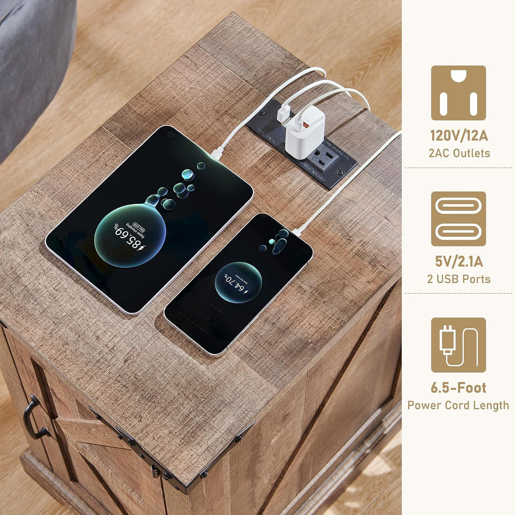 JXQTLINGMU Farmhouse Nightstand Set of 2 with Charging Station, 17'D Rectangular End Table with Barn Door & Adjustable Storage Shelf, Wood Rustic Sofa Side Table for Living Room, Bedroom, Light Brown