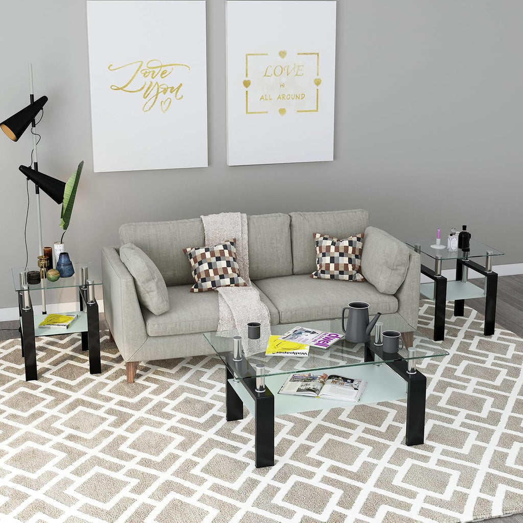Glass Coffee Table Sets of 3 for Living Room, Mordern End Table Sofa Side Tables with Storage, Black Metal Leg, Rectangle Tempered Center Table Home Furniture Set (Clear)