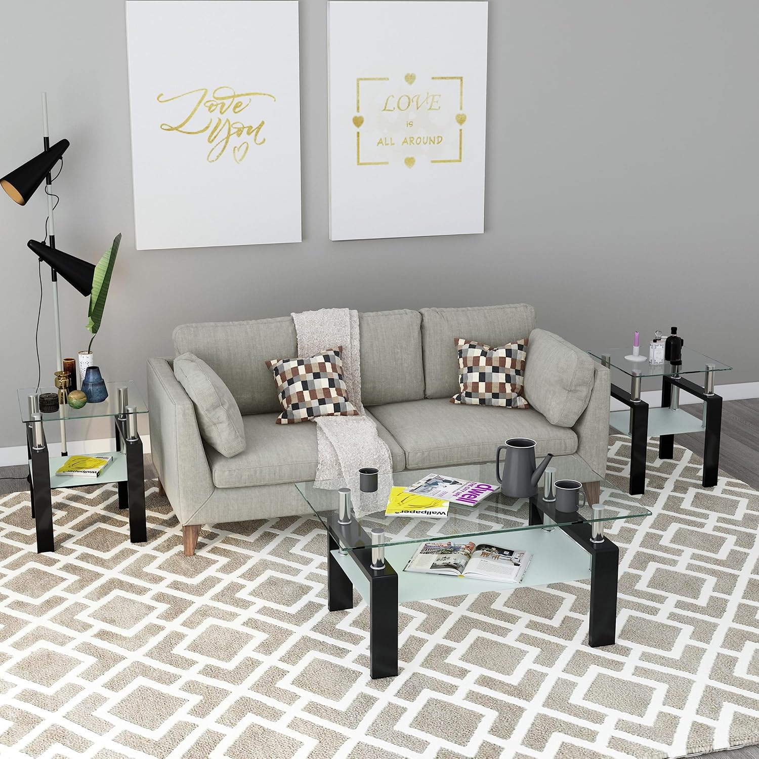 Glass Coffee Table Sets of 3 for Living Room, Mordern End Table Sofa Side Tables with Storage, Black Metal Leg, Rectangle Tempered Center Table Home Furniture Set (Clear)