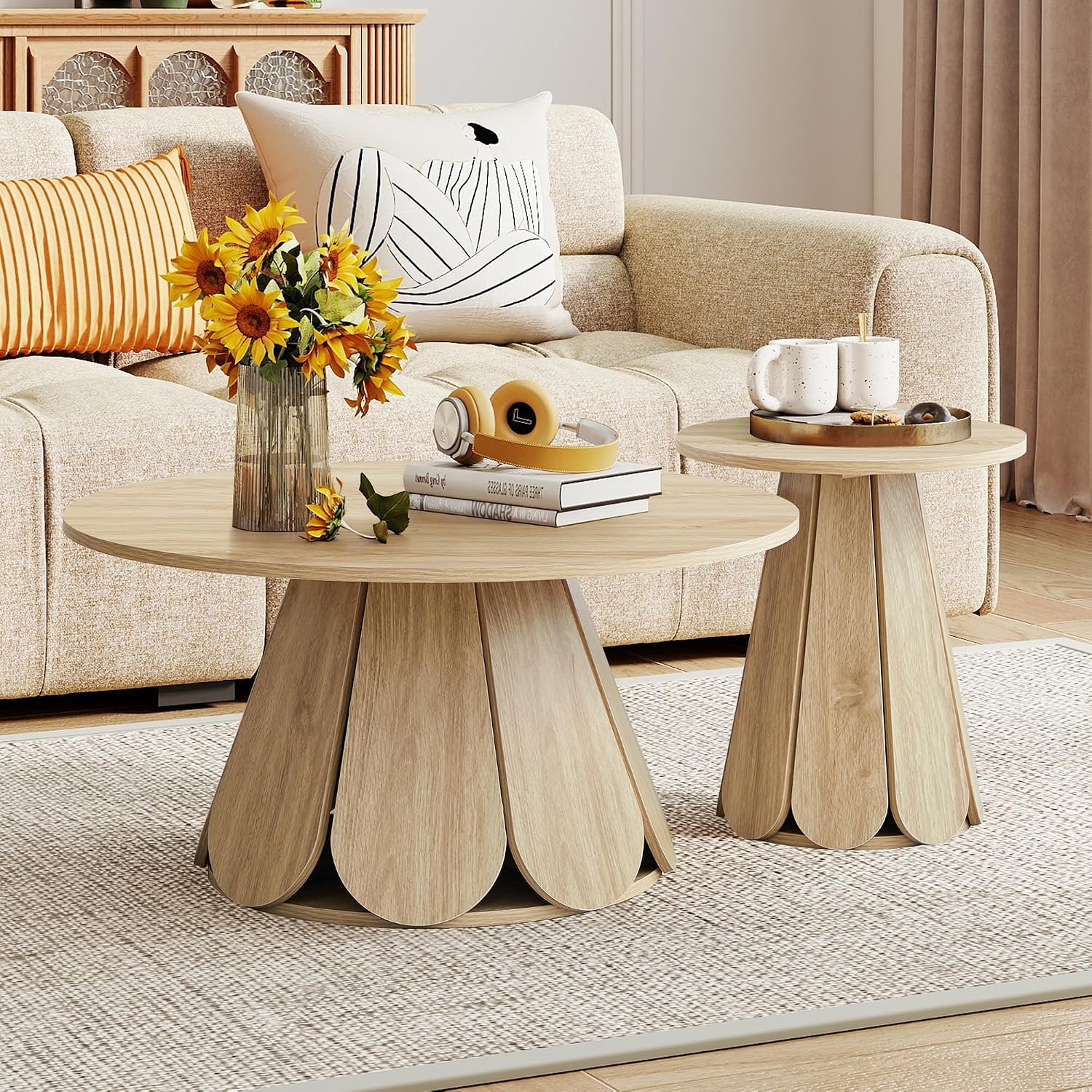 Round Coffee Table, Modern Farmhouse Wood Circle Center Table with Pedestal Base for Small Space, Living Room, Apartment, Natural