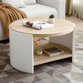 31.49'' Round Coffee Table for Living Room, Modern Wood Circle Coffee Table with 2-Tier Storage Desktop Contemporary Unique Drum Tea Table for Apartment, Small Space, Easy Assembly, Natural White