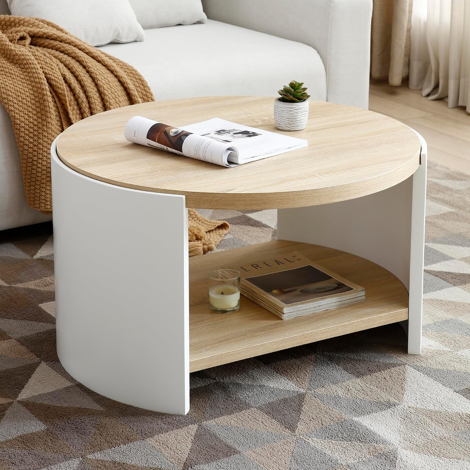 31.49'' Round Coffee Table for Living Room, Modern Wood Circle Coffee Table with 2-Tier Storage Desktop Contemporary Unique Drum Tea Table for Apartment, Small Space, Easy Assembly, Natural White