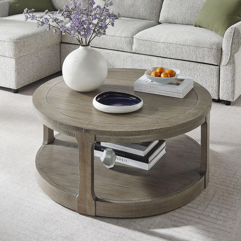 40'' Round Wood Coffee Table Circle Coffee Table with 4 Wheel for Living Room, Moveable Modern Retro Farmhouse Style, Easy Assembly, Light Brown (ø40'' x 17.52'')