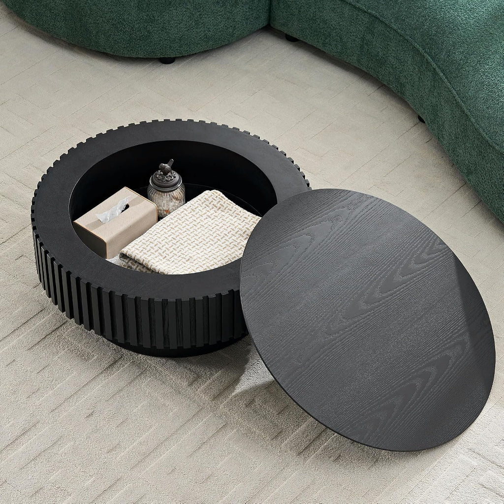 31.49'' Round Coffee Table Modern Wood Coffee Table with Storage for Living Room, Circle Fluted Drum Pedestal Style, Easy Assembly, Black