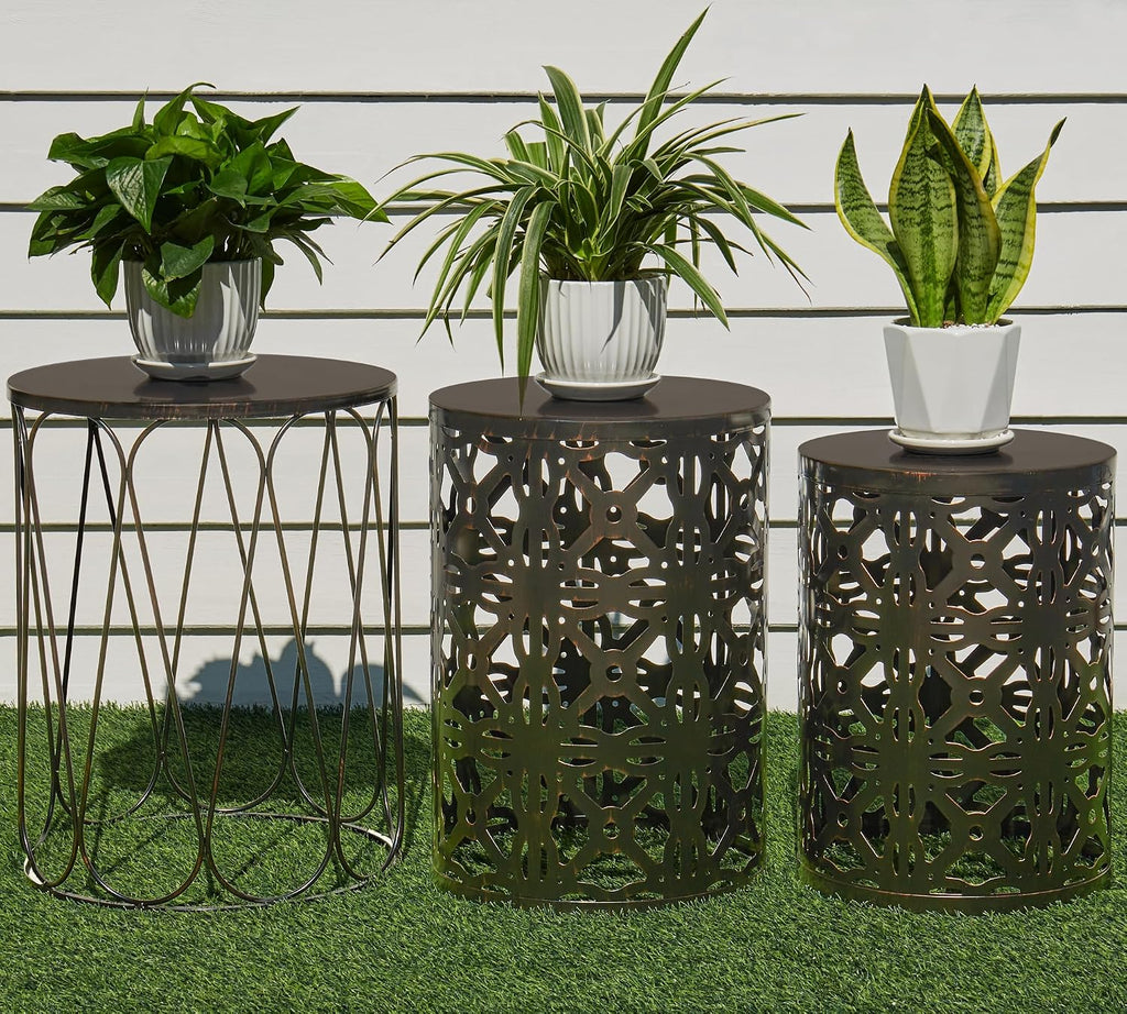 HFHOME Set of 3 Metal Outdoor Side Table, Nesting Round Coffee Table for Indoor Outdoor, Heavy Duty End Tables Plant Stand Living Room Garden Stool - Bronze