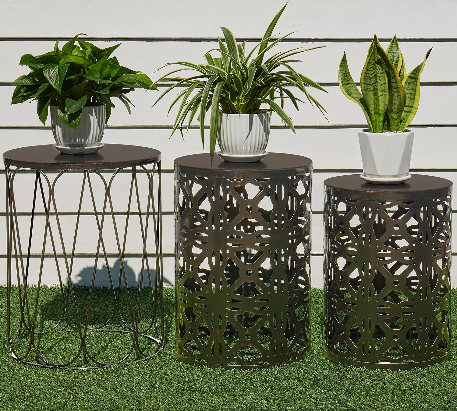 HFHOME Set of 3 Metal Outdoor Side Table, Nesting Round Coffee Table for Indoor Outdoor, Heavy Duty End Tables Plant Stand Living Room Garden Stool - Bronze