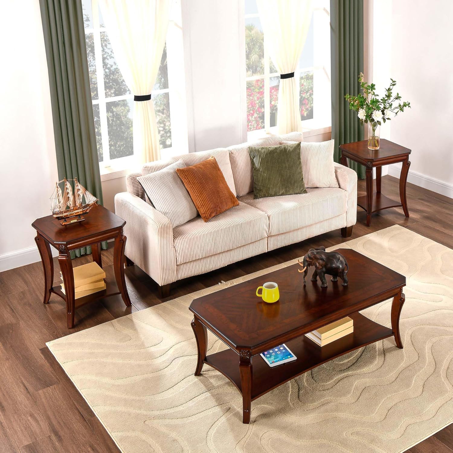 LEEMTORIG Coffee Table Set of 3 for Living Room, 3 Piece Living Room Coffee Table and End Tables Set, Vintage Wood Queen Anne Style 2-Tier Tables with Storage Shelf, Cherry Walnut KFZCJZ-A1168-WD