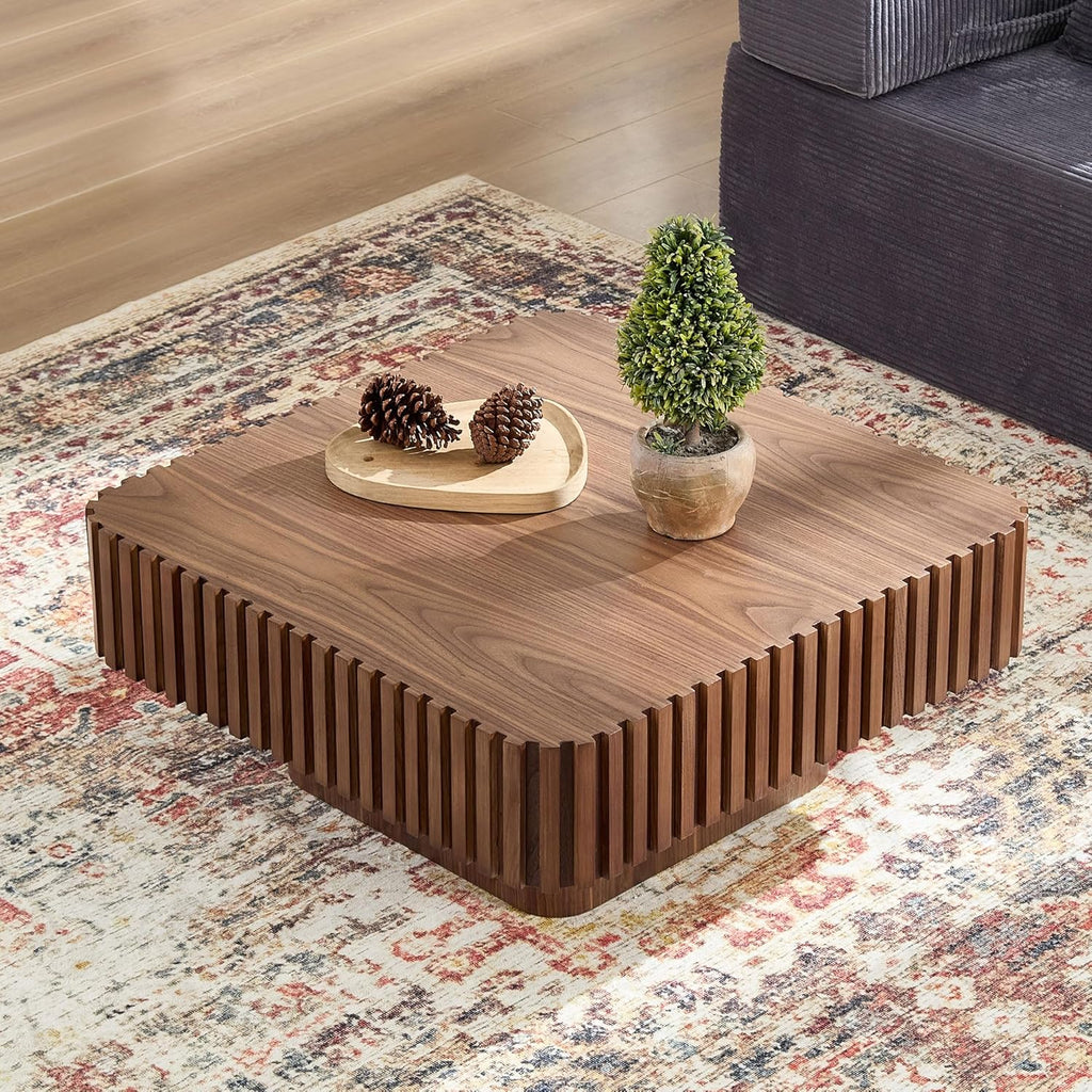 31.49'' Square Coffee Table for Living Room, Modern Wood Drum Pedestal Flute Embossment Coffee Table, Easy Assembly, Walnut