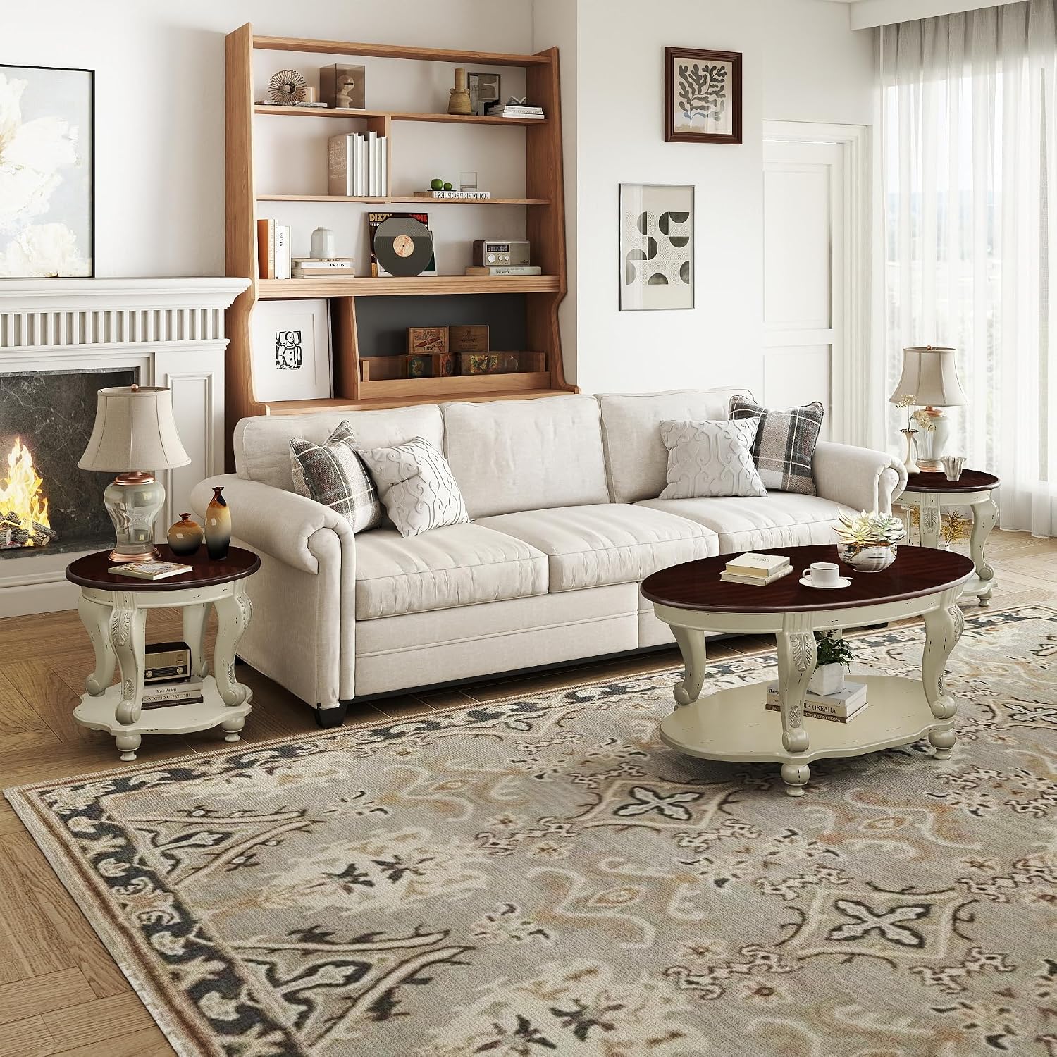 LKTART Oval Coffee Tables Set of 3, Vintage Wood Coffee Table with Carved Wood Legs, Antique Living Room Table Set(Beige and Espresso Top)