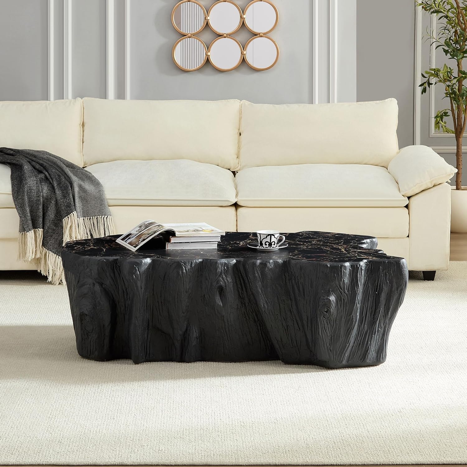 WILLIAMSPACE 48.62' Irregular Coffee Table with Tree Root Design for Living Room, Modern Luxury Fiberglass Center Table with Unique Shape, Accent End Tea Table for Apartment, No Need Assembly (Black)