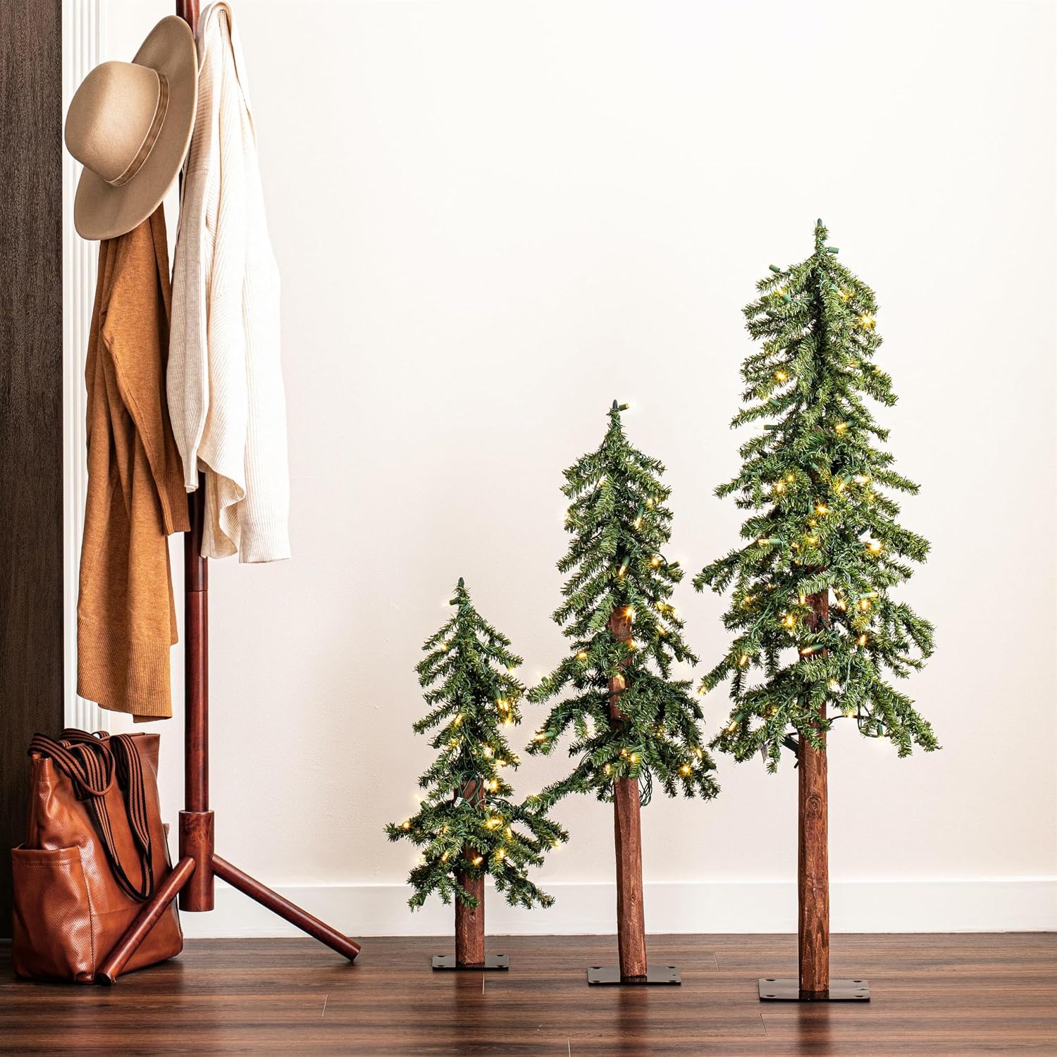 Pemberly Row Natural Alpine Artificial Christmas Tree Set, 2', 3', 4' Sizes, 633 Green PVC Tips, Unlit, Metal Stands, Rustic Seasonal Decor for Tabletops, Living Areas, Small Spaces