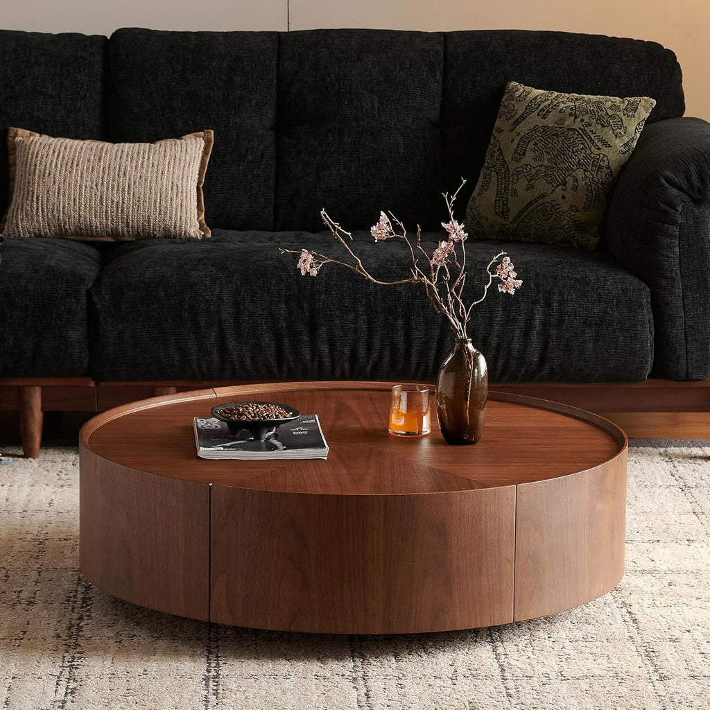 35.4' Round Drum Coffee Table with 2 Drawers, Modern Walnut Wood Storage Coffee Table, Low Profile Circle Cocktail Center Table for Living Room, No Assembly Required